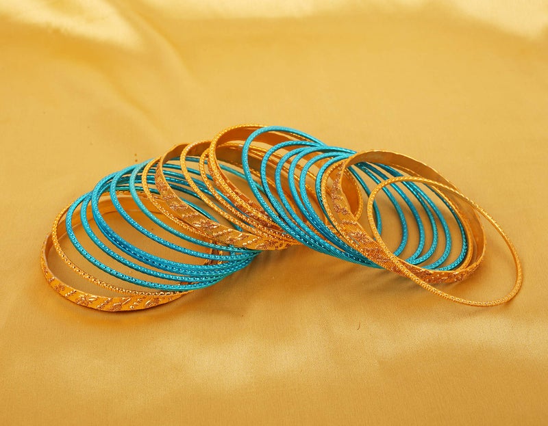 Touchstone NEW Metallic Colorful 2 Dozen Bangle Collection Indian Bollywood Textured Turquoise Color Jewelry Special Large Size Bangle Bracelets Set Of 24 In Gold Tone For Women - Image 3
